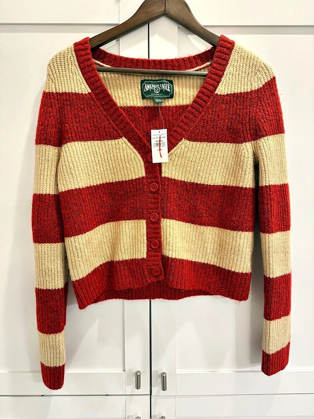 American Eagle Striped Cardigan in Red & Beige Size Medium NWT